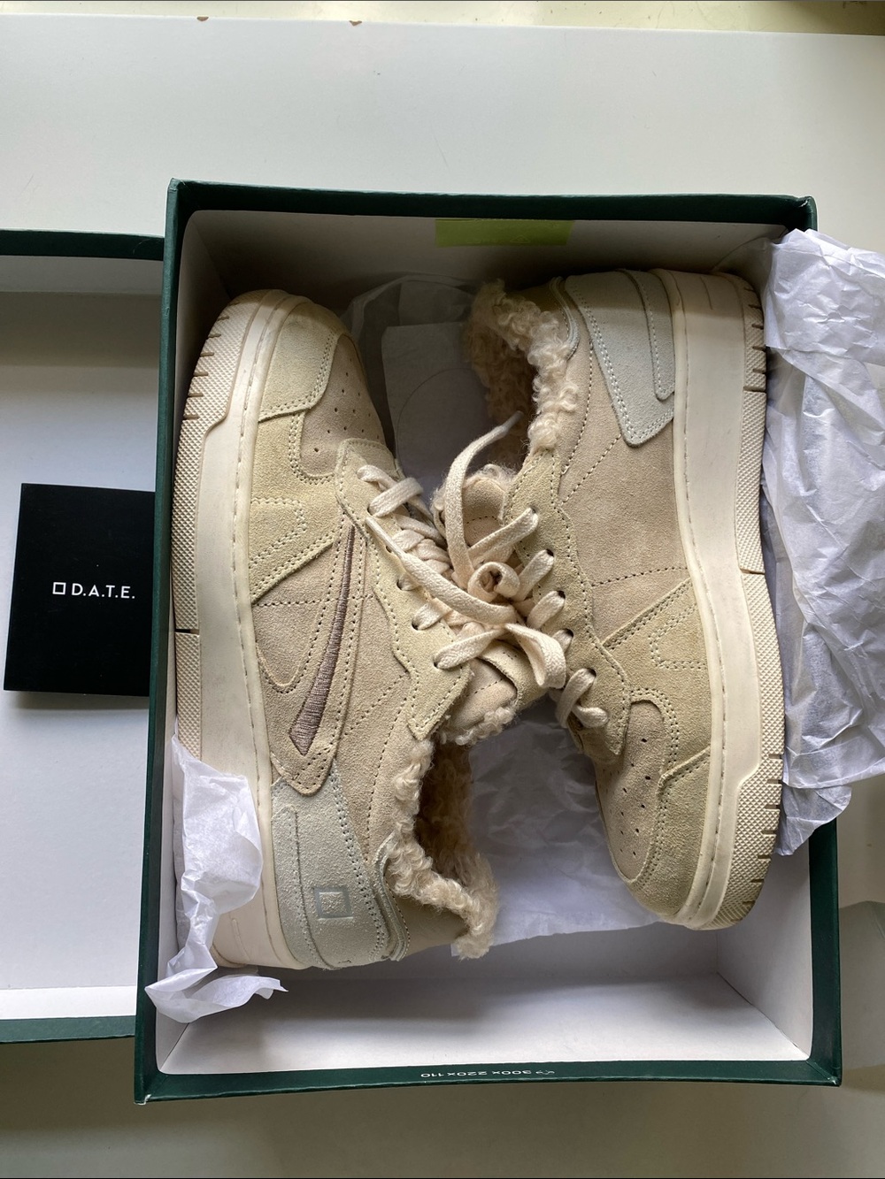 D.A.T.E. Torneo Beige Suede Shearling Lined Sneakers (Women’s Sz 7 US / 38 EU)